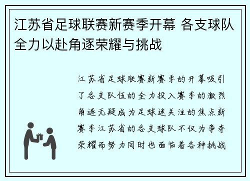 江苏省足球联赛新赛季开幕 各支球队全力以赴角逐荣耀与挑战