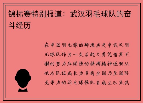锦标赛特别报道：武汉羽毛球队的奋斗经历