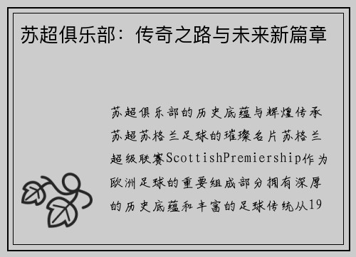 苏超俱乐部：传奇之路与未来新篇章