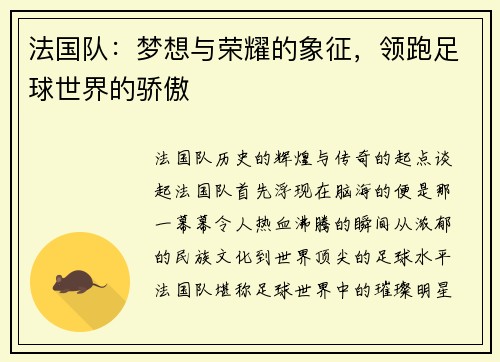 法国队：梦想与荣耀的象征，领跑足球世界的骄傲