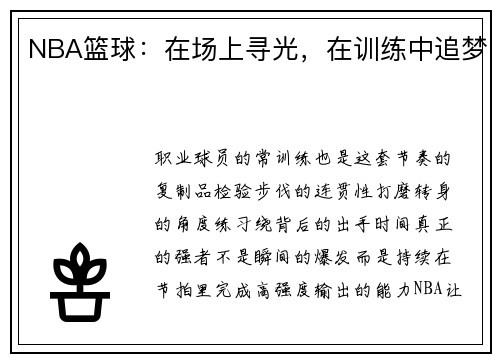 NBA篮球：在场上寻光，在训练中追梦